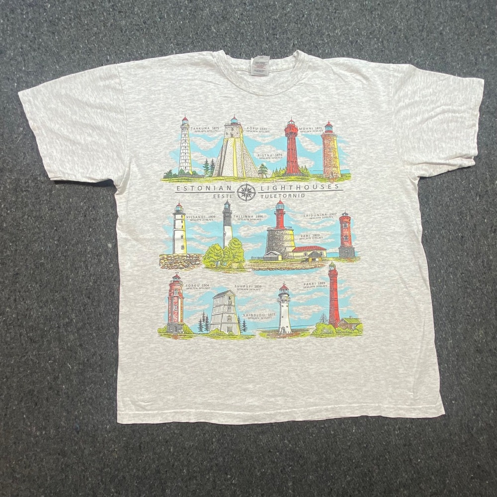 Estonian Lighthouses T Shirt L Large Mens Grey Nautical‎ Coastal Graphic Tee